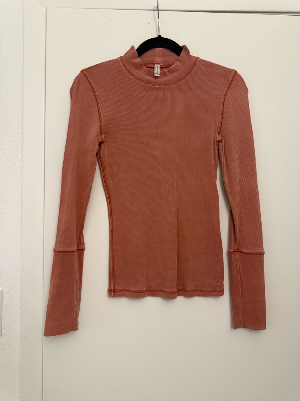 Free People Ribbed Long-Sleeve Mock Neck Top in Rust